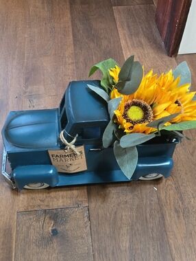 Blue Metal Vintage Truck Planter with Sunflowers